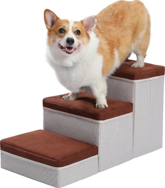 Trappola per cani - Inclusa area di stoccaggio - Scale per cani - Facile da installare - Fino a 36kg - Pianerottolo per cani - Trappola per cani - 3 gradini - 75x40x35cm - Pianerottolo per cani - Grigio con cuscini marroni