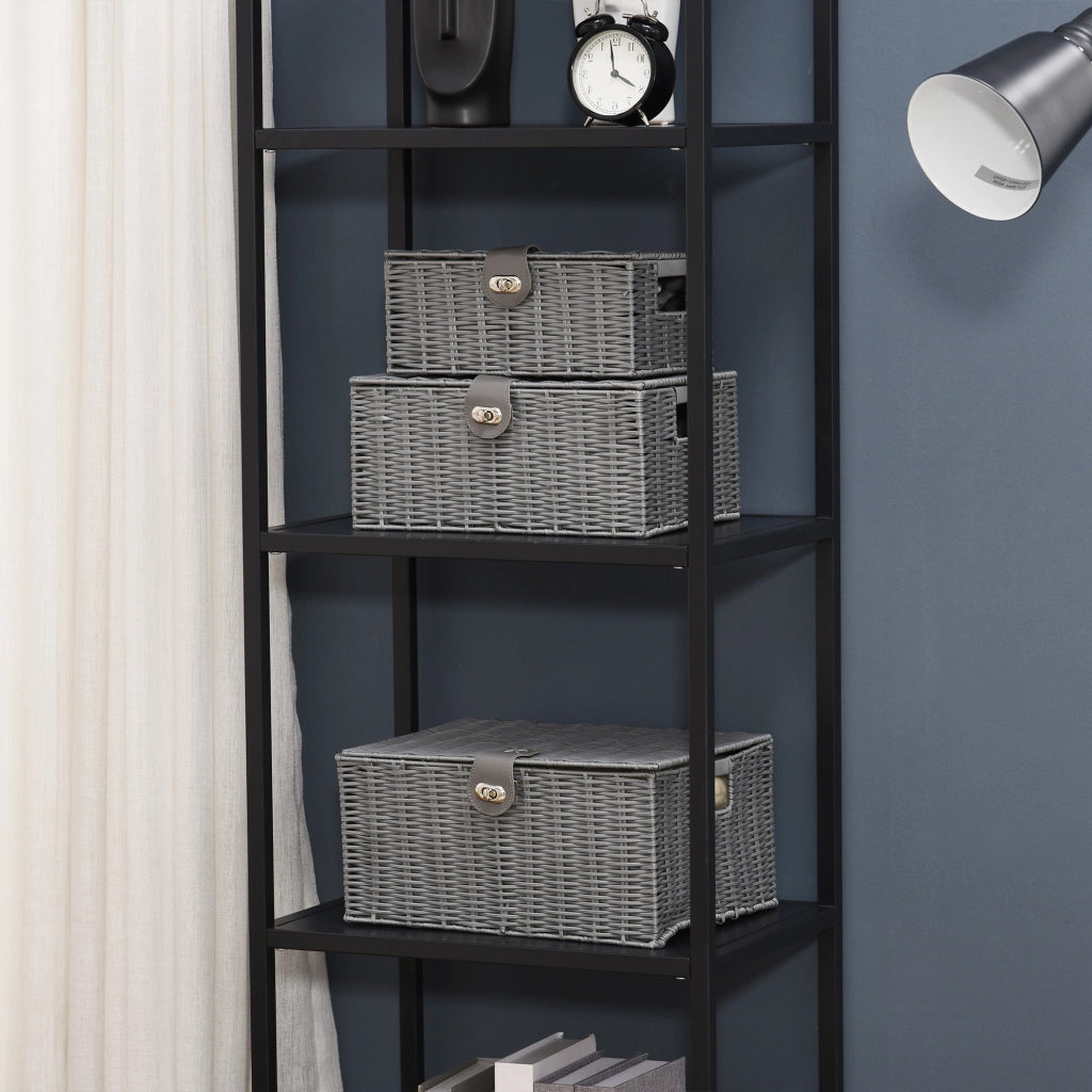 Set di 3 Cesti in Vimini PP con Coperchio di Diverse Dimensioni, Grigio