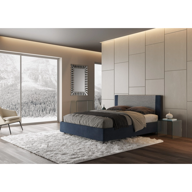 Letto imbottito Matrimoniale 160x210 cm tessuto Labirinto Rosal - Con rete,Blu/Blu