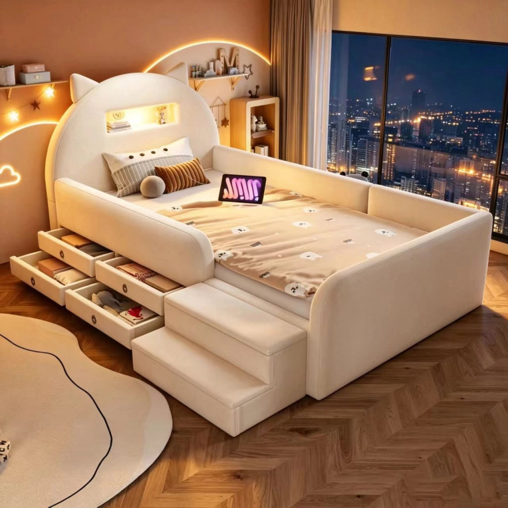 Letto per bambini 90 × 200 cm con testiera a orecchie, 4 cassetti, luce notturna et USB, senza materasso, beige