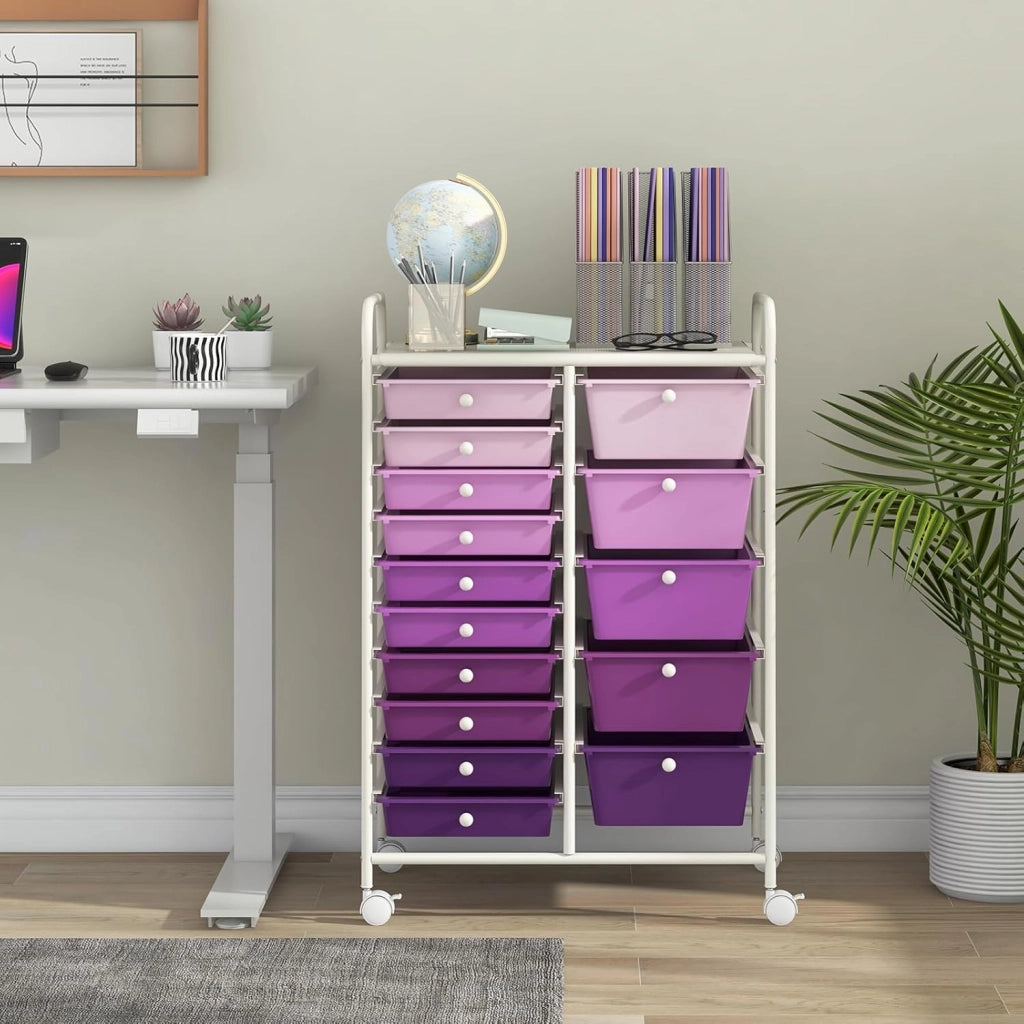 Carrello con 15 Cassetti Impilabili, Carrello di Stoccaggio con Ruote, Carello Portaoggetti per Casa e Ufficio, 62,5 x 37 x 87 cm (Viola)