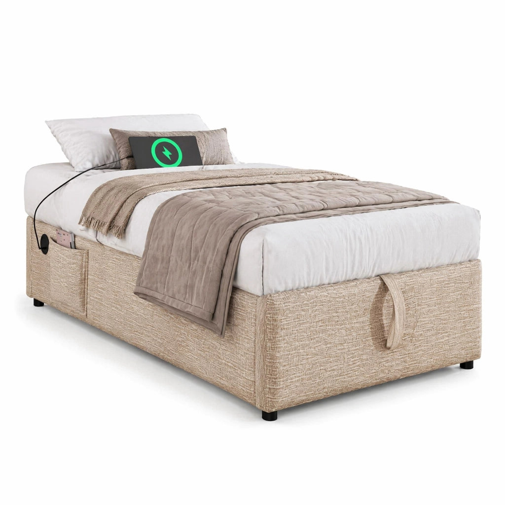 Letto imbottito 90x200 cm con contenitore, USB Type-C, base in legno massello, senza testiera