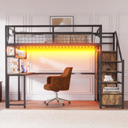 Letto a soppalco matrimoniale 140×200 cm con scrivania; ripiani; LED e prese; senza materasso; metallo; nero