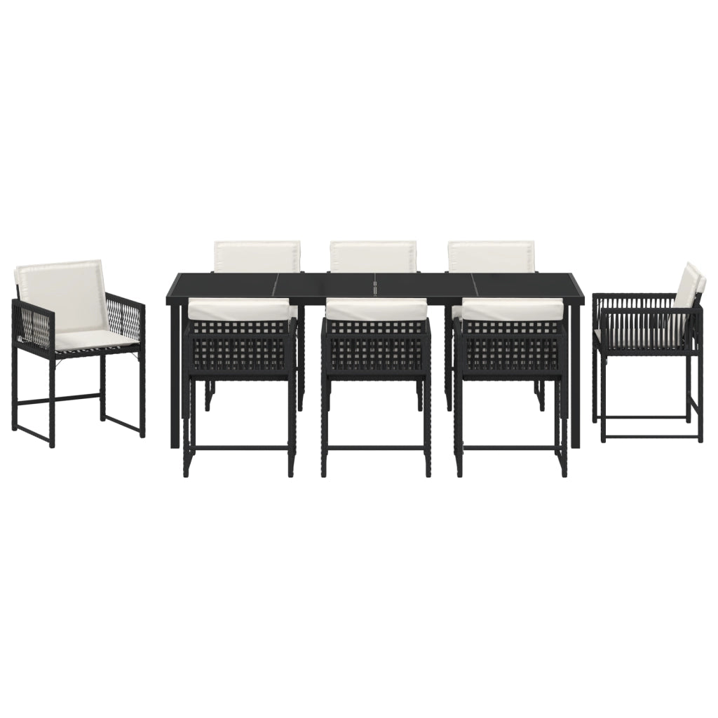 Set da pranzo da giardino 9 Pezzi con Cuscini Nero Rattan Poliestere