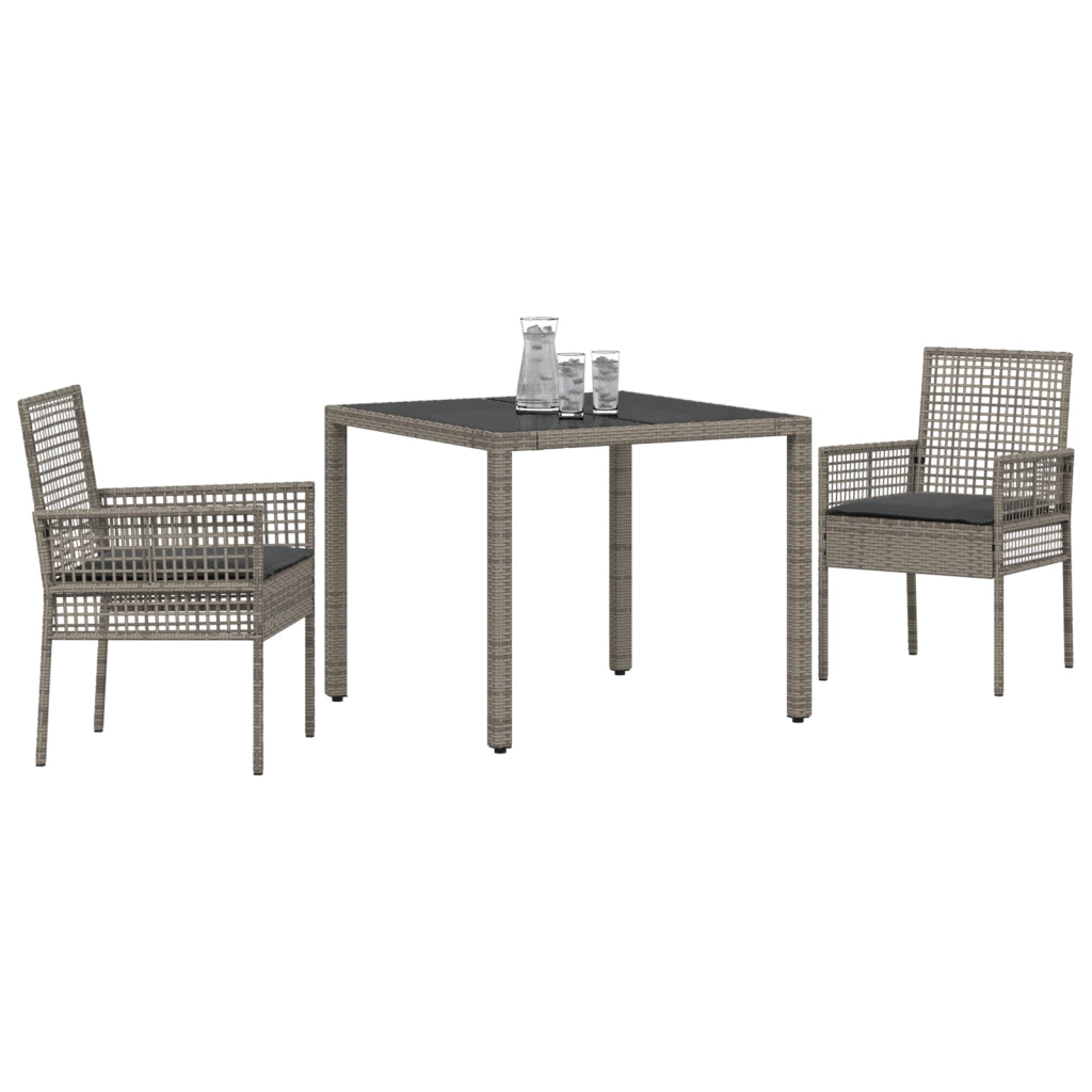Set da Pranzo da Giardino a 3 Pezzi con Cuscini Grigio in Polyrattan