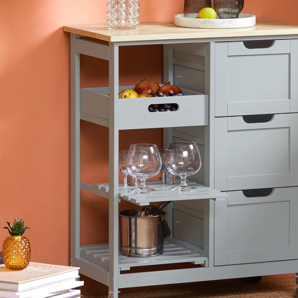 Carrello Cucina Credenza da Cucina o Bagno con 3 cassetti e 1 Cestino L68*P38*A85 cm colore grigio FKW79-HG
