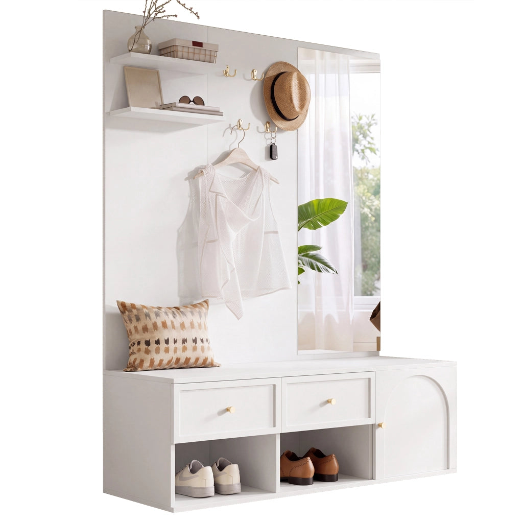 Set ingresso multifunzione con specchio, ripiani, cassetti e ganci, 120 x 35 x 159 cm, bianco