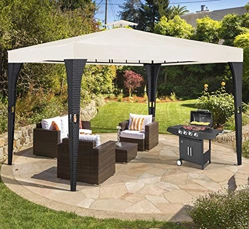 Gazebo da Giardino 3x3m Polyrattan Idrorepellente Padiglione Tendone Festa Protezione UV Crema