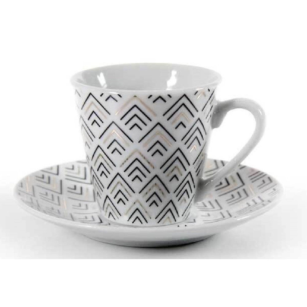 Trade Shop - Set 6 Pz Tazzine Caffè Con 6 Piattini Bianco Deco In Porcellana Decorate 780776 -