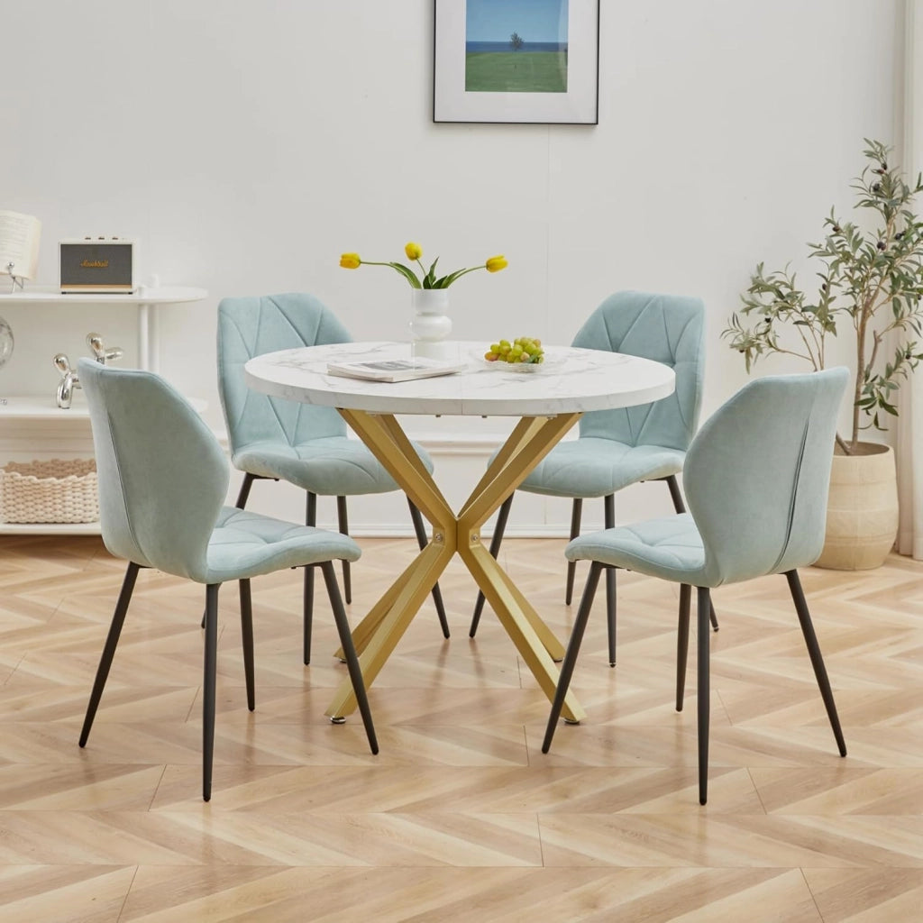 GrandCA HOME Set Tavolo e Sedie da Pranzo, Tavolo da Pranzo Rotondo da 100 CM e 4 Sedie Moderne in Lino, per Sala da Pranzo, Cucina, Soggiorno (Marmo + Menta)