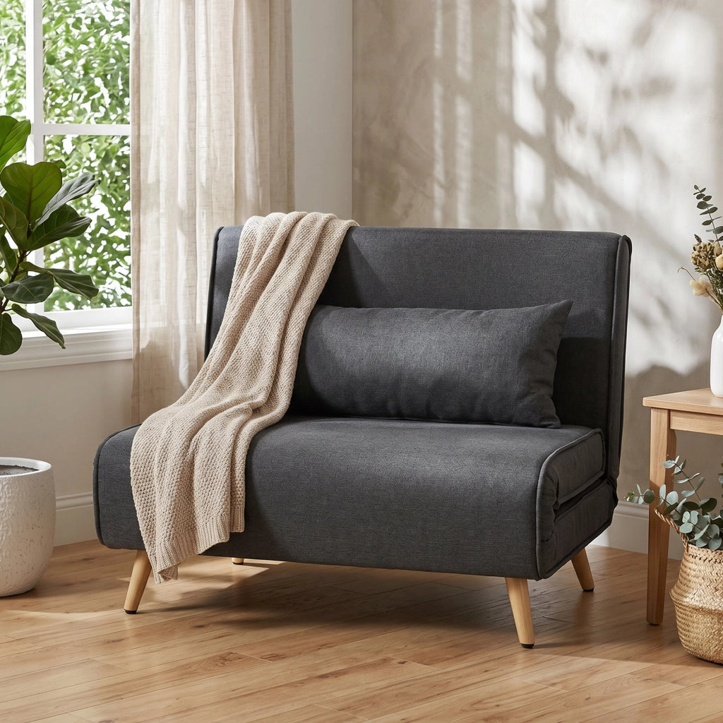 Poltrona letto pieghevole 3 in 1 ¨C Xylo ¨C Tessuto lino grigio con schienale reclinabile