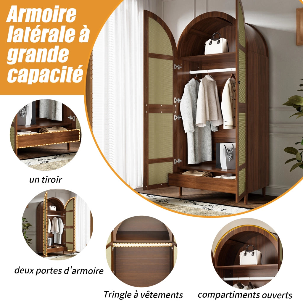 Armadio con 2 ante curve; spazio con asta appendiabiti e cassetti; per camera e ingresso; 80 × 50 × 179 cm