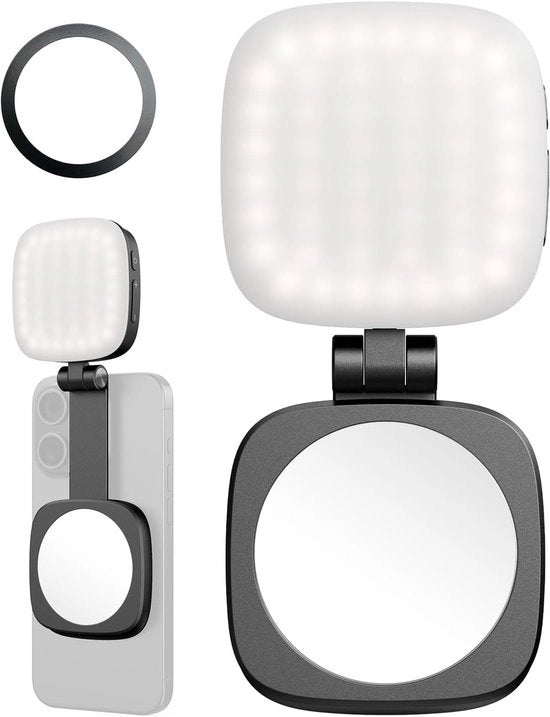 Lampada selfie magnetica regolabile (adatta per iPhone), illuminazione per telefono cellulare con specchio, collegabile direttamente con morsetto magnetico, adatta per selfie, videoconferenze, (nero)