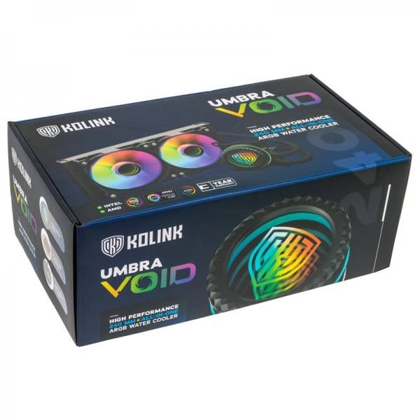 Kolink Umbra Void 240 ARGB e' un dissipatore a liquido con un radiatore da 240mm.