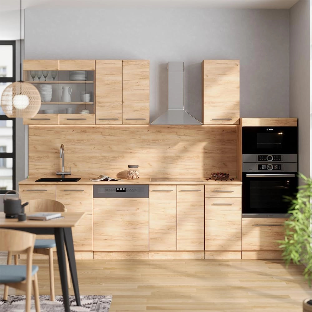 Cucina componibile Fame-Line, Quercia dorata, 300 cm con armadio alto, senza piano di lavoro, per l'espansione personalizzata tramite moduli aggiuntivi compatibili