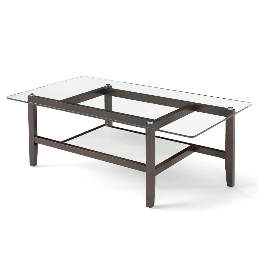 Tavolino rettangolare 107 x 60 x 42 cm con pratico contenitore e design moderno in vetro temperato e legno marrone 20_0013775