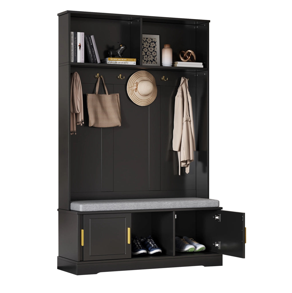 Appendiabiti da ingresso con panca e scarpiera; 6 ganci; nero; 120x40x191 cm
