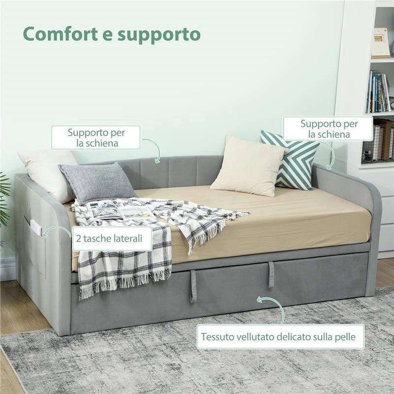 LETTO DIVANO 3 POSTI CON LETTINO ESTRAIBILE CONVERTIBILE IN LETTO MATRIMONIALE,205X186X75 CM, GRIGIO CHIARO