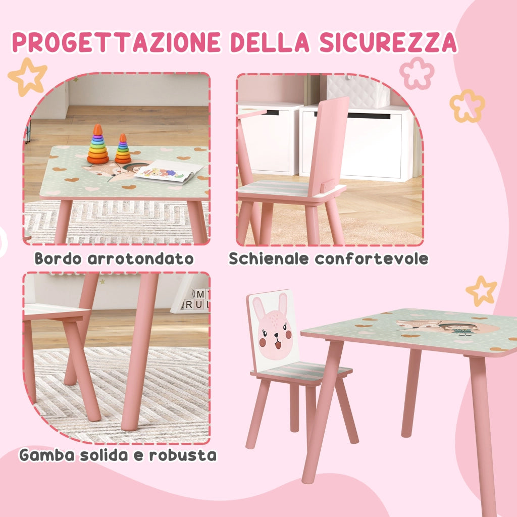 EasyComfort Set Tavolo e Sedie 3 Pezzi per Bambini 3-8 Anni in MDF e Legno di Pino con Disegni di Animali, Rosa