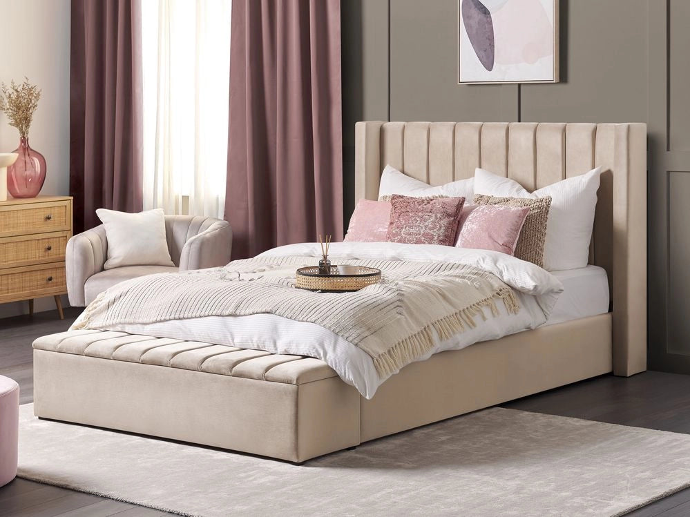 Letto matrimoniale ad acqua in velluto beige con cassapanca 160 x 200 cm moderno glam morbido materasso camera da letto