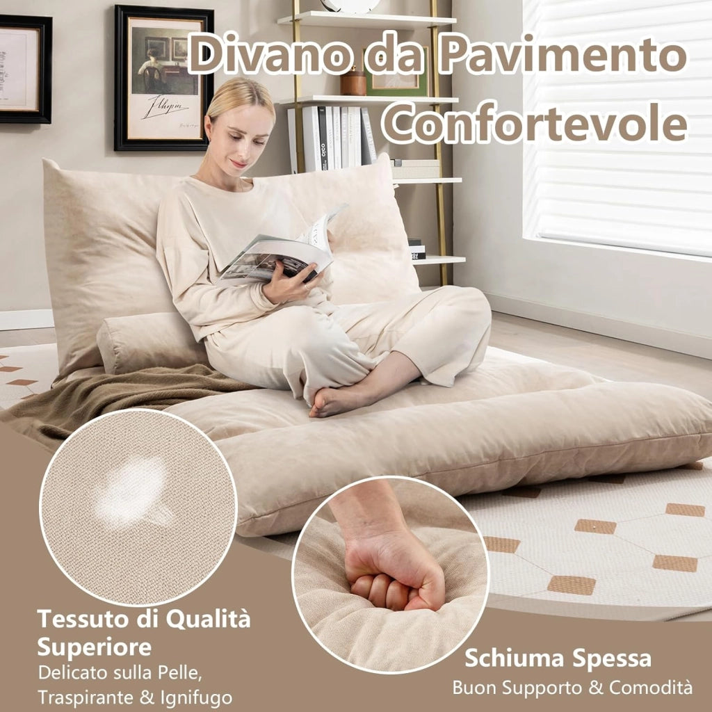 Divano da Terra Pieghevole, Divano Letto 2 Posti con Schienale Regolabile, Divano da Pavimento Trasformabile con 2 Cuscini per Camera da Letto Salone Balcone (Beige)