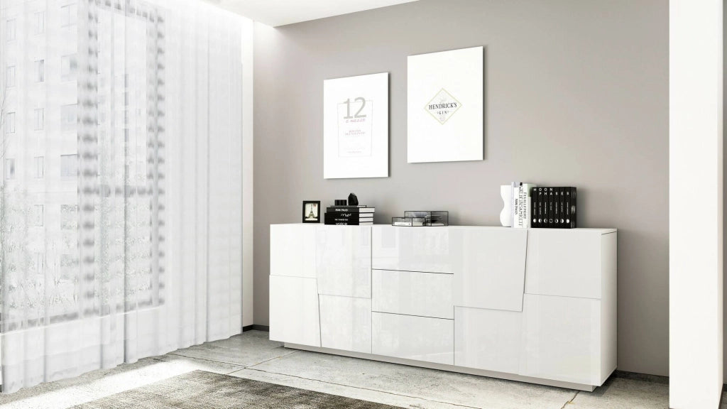 Credenza Astel, Buffet da soggiorno, Madia da salotto con 4 ante e 3 cassetti, 220x44h86 cm, Bianco lucido