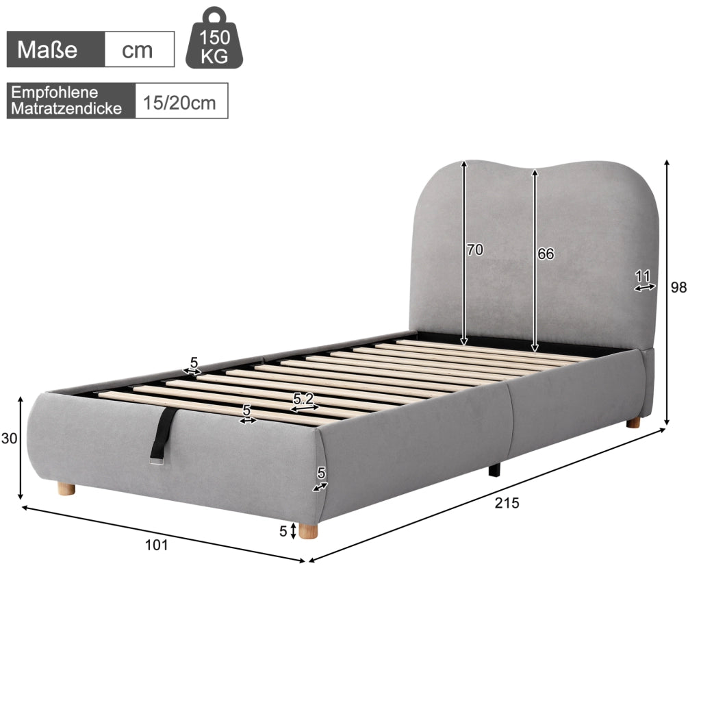 Letto imbottito per bambini 90x200 cm con contenitore e rete a doghe