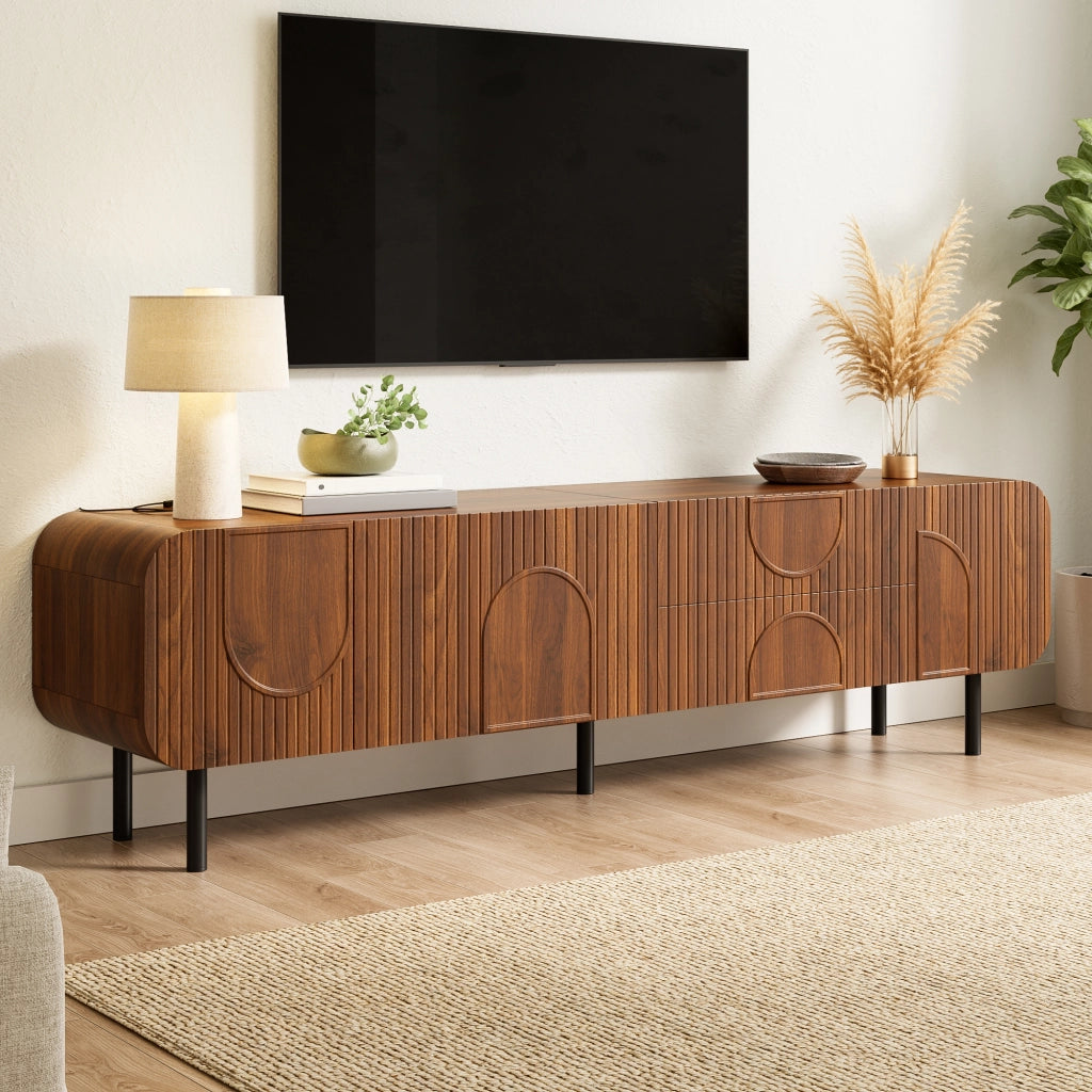 Mobile TV 180 cm in MDF con 3 ante; 2 cassetti e gambe in metallo; noce