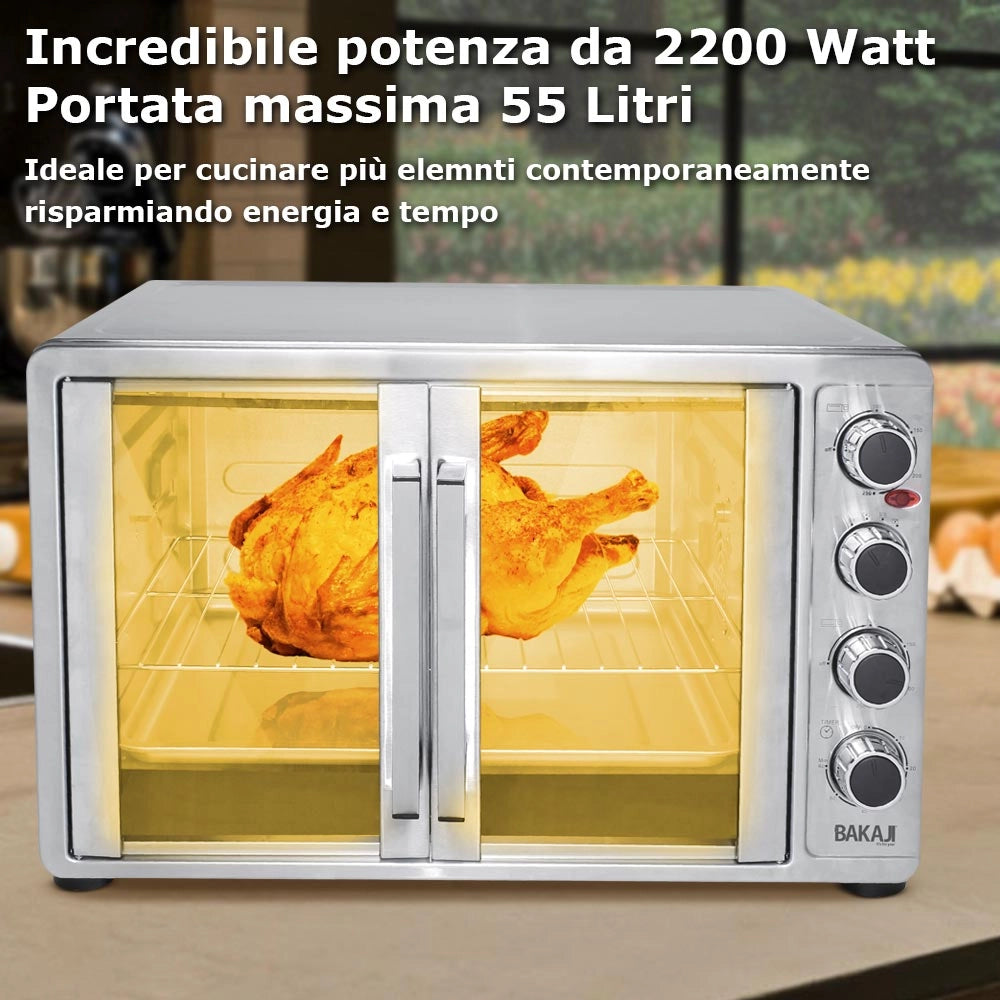 Forno Fornetto Elettrico Ventilato 55 lt 2200 W Luce Doppia Porta Girarrosto