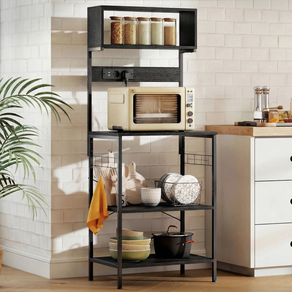 Scaffale da Cucina con Multipresa per Microonde con Ripiani e Ganci Stile Industriale. Legno e Acciaio. Nero