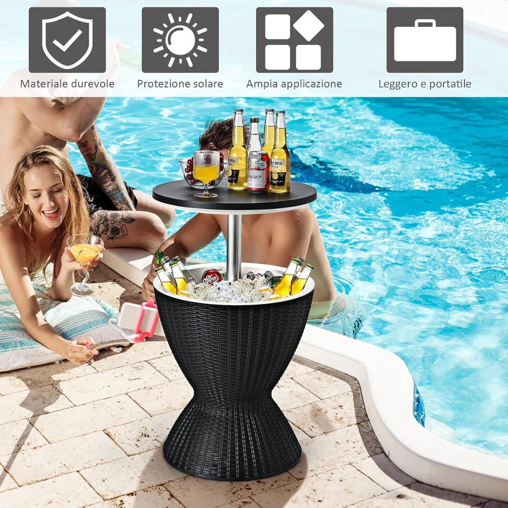 Secchiello Ghiaccio 30 L, Tavolino da Tavolo Bar Rattan 2 in 1, Portaghiaccio per Bottiglie, Altezza Regolabile, Ideale per Feste