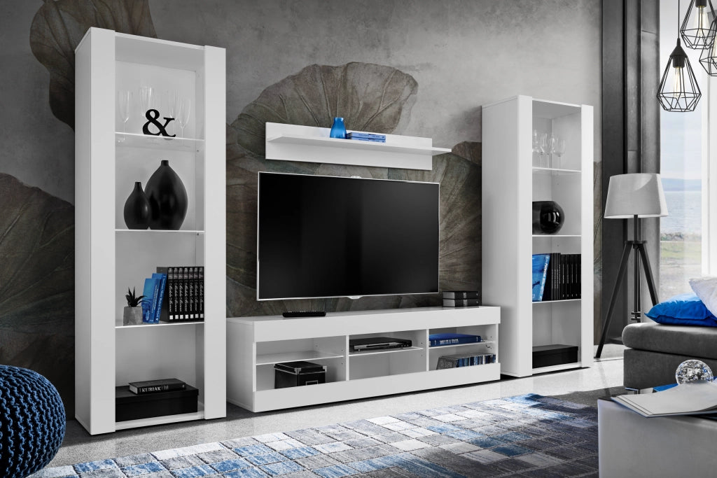 Set di mobili porta TV Tivoli Grande, Komodee, Bianco, Senza LED, Larghezza 250 cm x Altezza 159 cm x Profondità 35 cm, Per soggiorno, Camera da letto