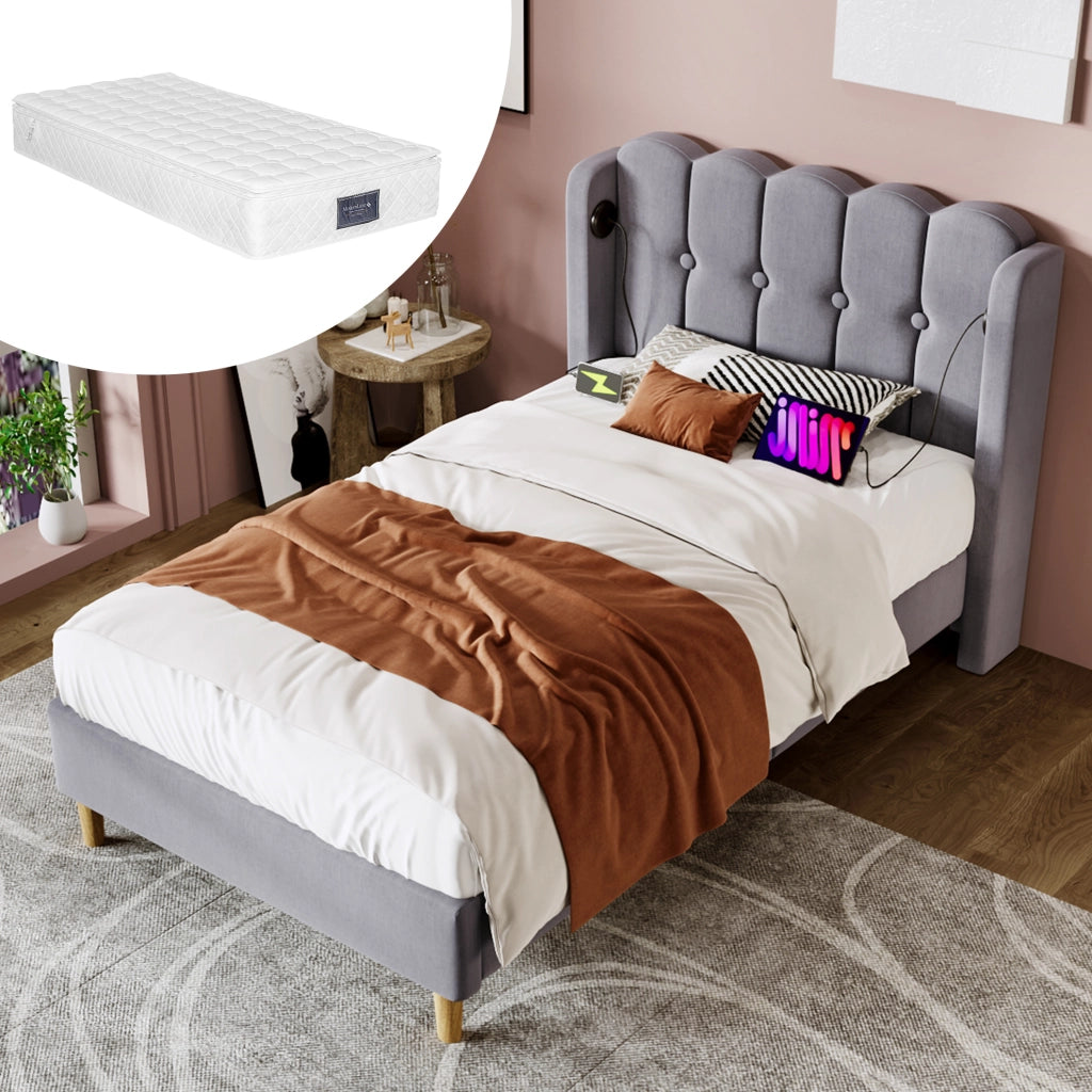 Letto imbottito grigio 90 x 200 cm con materasso, rete e ricarica USB-C