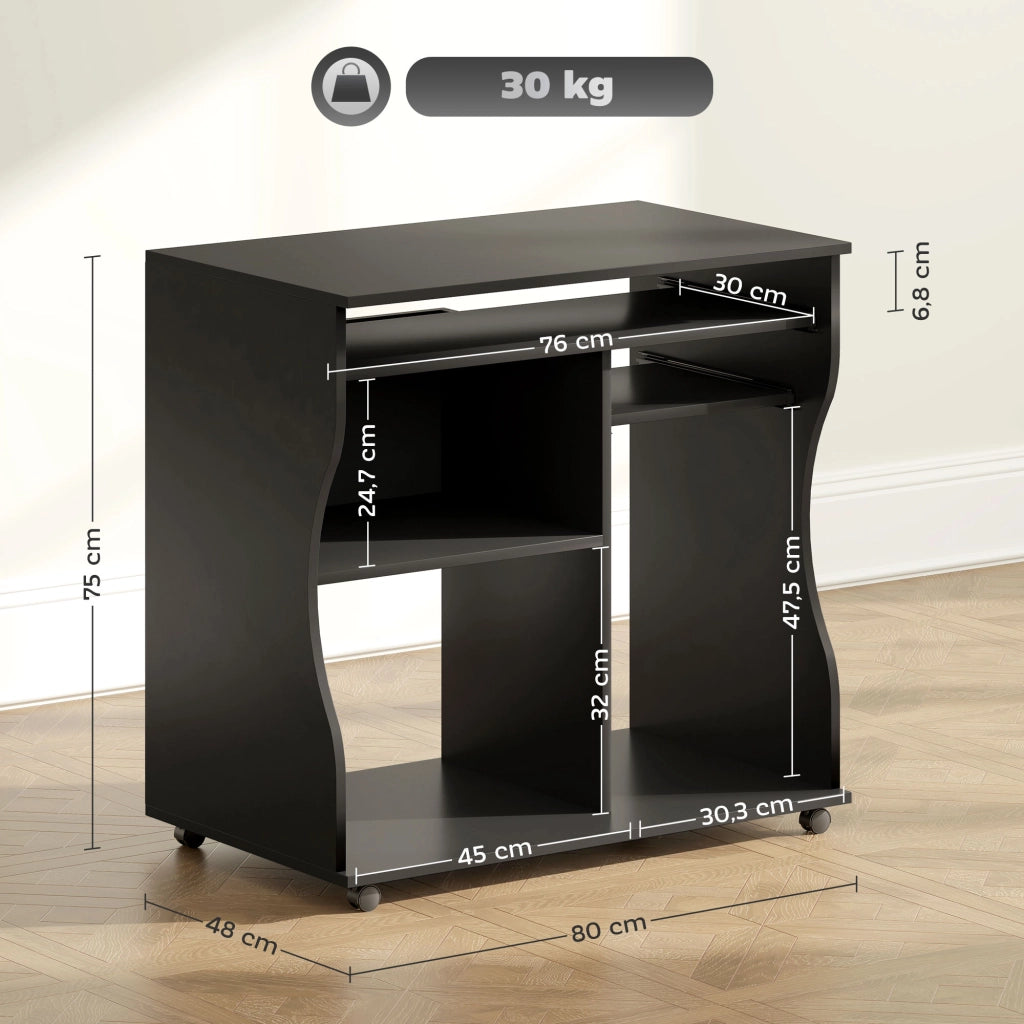Scrivania lineare con ruote e vassoio tastiera per ufficio e piccoli spazi in legno nero 80 × 48 × 75 cm
