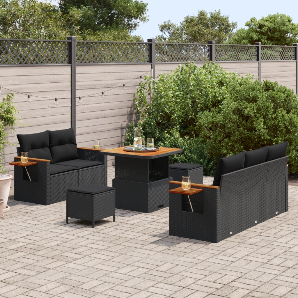 Set Divano da Giardino a 8 Pezzi con Cuscini Nero Polirattan Acacia