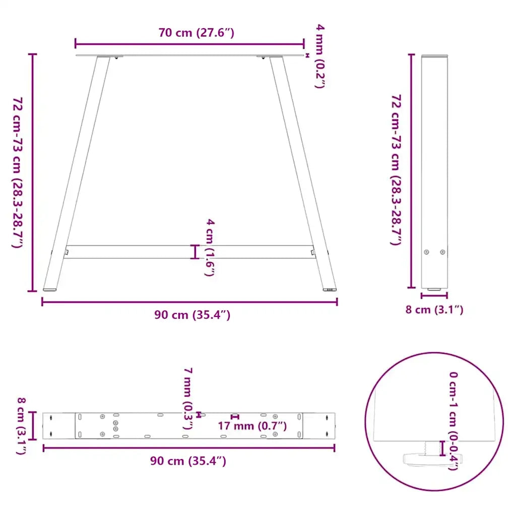 vidaXL Gambe per tavolo da pranzo a forma di A 2 pz 90x(72-73) cm in acciaio