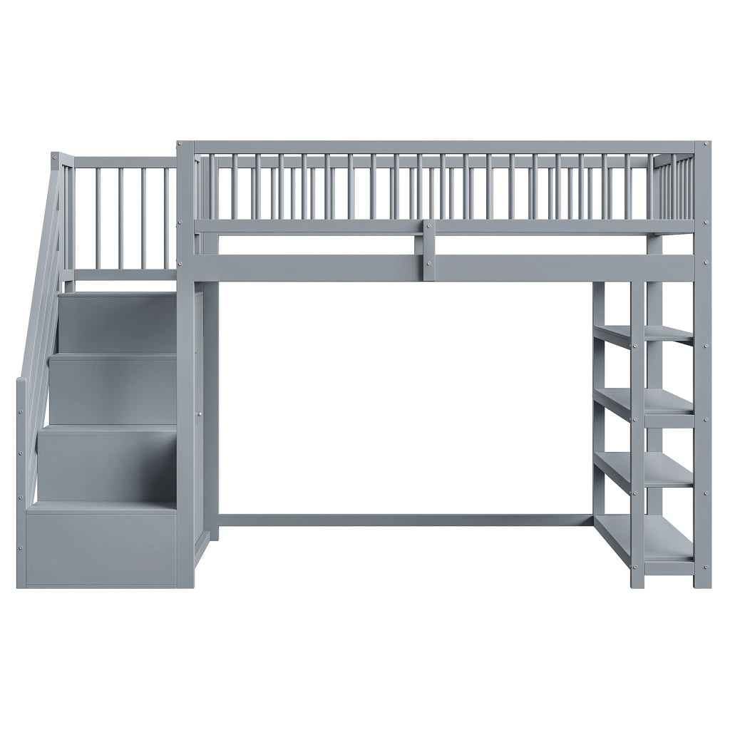 Letto a Soppalco 90 x 200 cm; Singolo con Armadio; Scaffali e Vani Contenitore; senza Materasso; Grigio