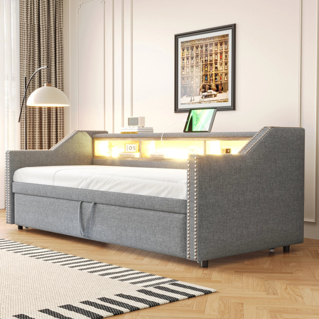 Divano letto estraibile 90/180 x 190 cm con vani laterali; LED e USB; grigio chiaro