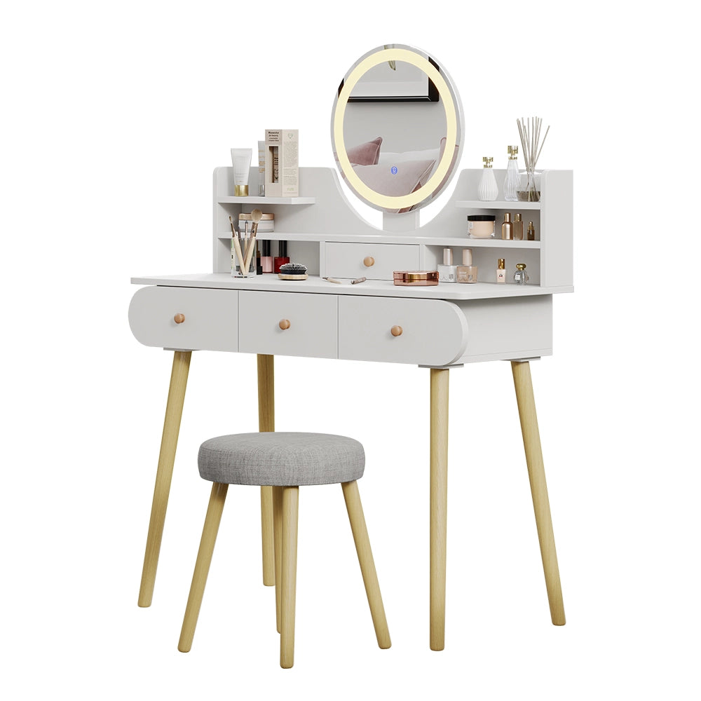 Vicco Tavolo da toilette Bianco 100 cm con specchio LED e sgabello