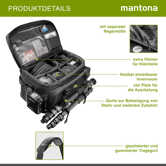 Mantona New York borsa fotografica con divisori interni per obiettivi, fotocamere a sistema, reflex, custodia per accessori fotografi con copertura antipioggia e tracolla