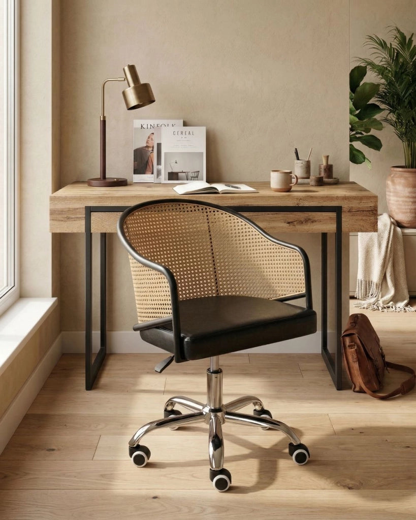 Sedia da ufficio in similpelle nero con schienale in rattan PE girevole, altezza regolabile, con braccioli, per casa, ufficio, studio, tradizionale