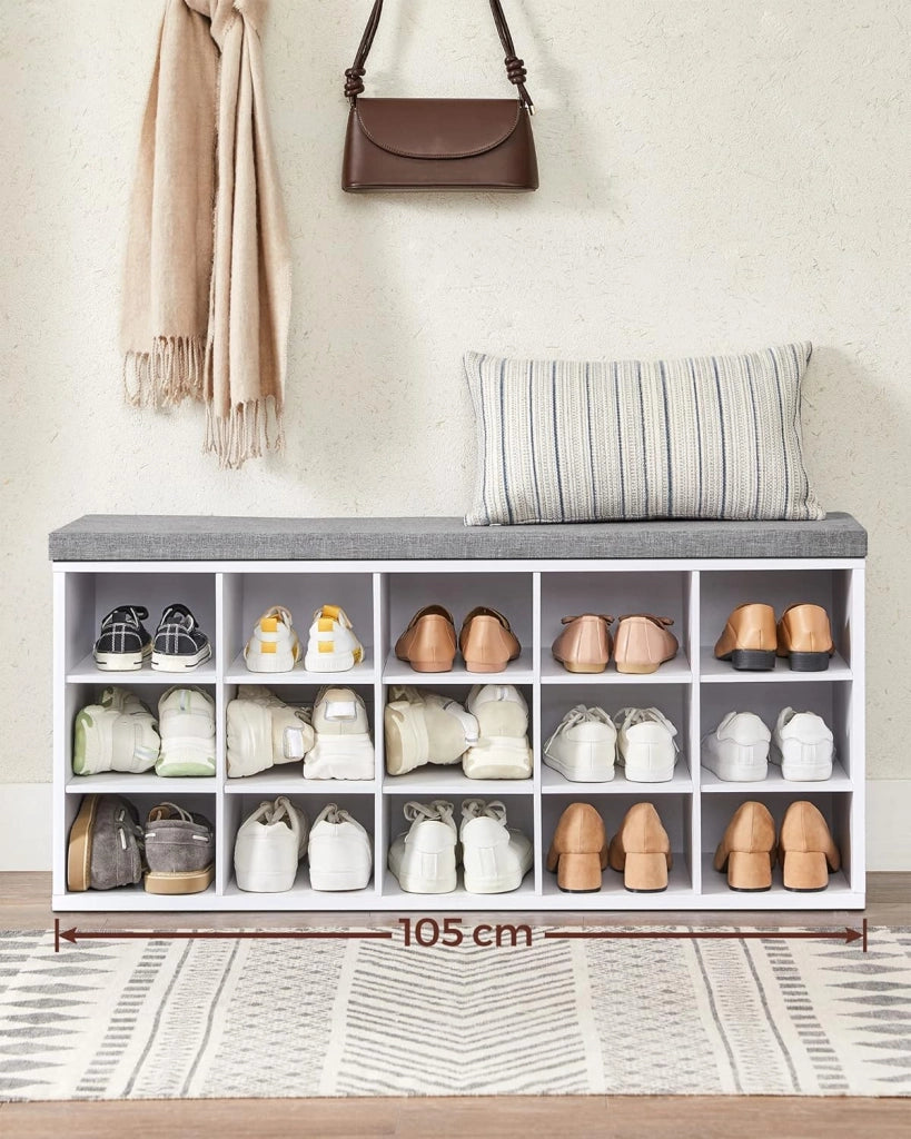 VASAGLE Panca Scarpiera, Scarpiera Ingresso con Seduta Imbottita e 15 Scomparti, Scaffale Porta Scarpe da Ingresso, 30 x 105 x 48 cm, Bianco e Grigio LHS15WT