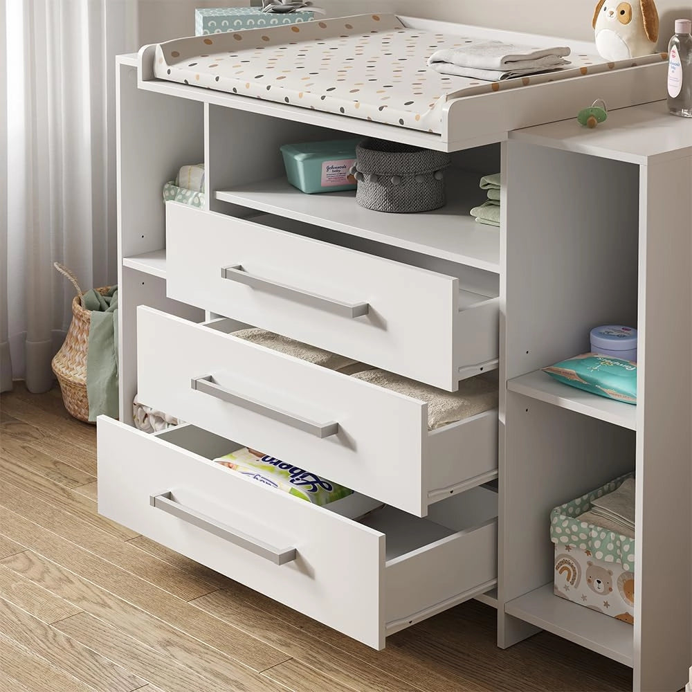 Fasciatoio Oskar, Bianco, 143 x 100 cm XL con cassetti, adatto come fasciatoio con area di appoggio estensibile