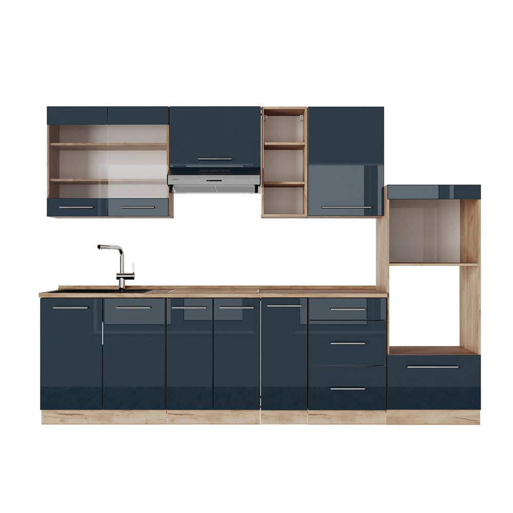 Mobili da cucina Fame-Line Blu scuro lucido/Rovere dorato 280 cm senza piano di lavoro Vicco