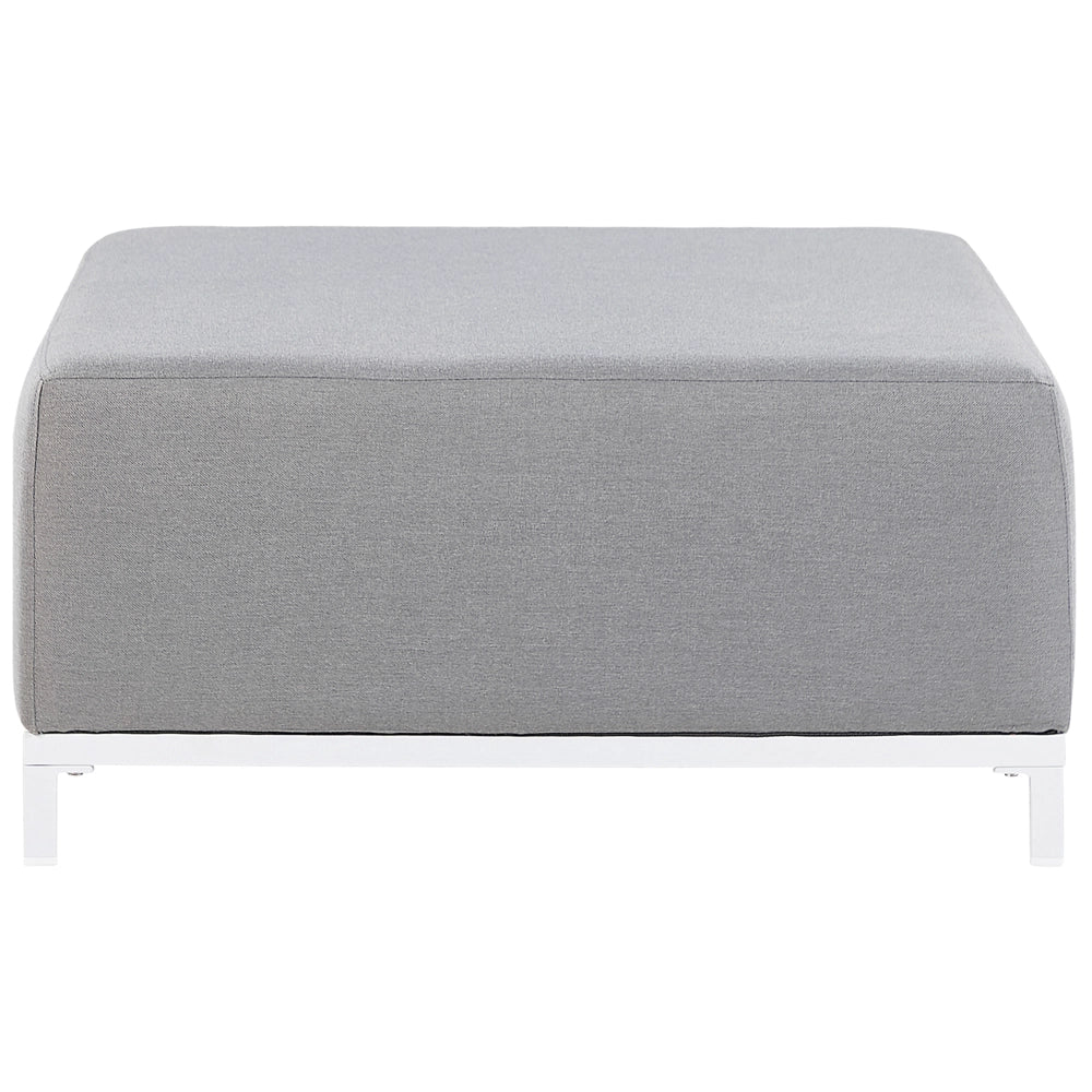 Pouf in tessuto grigio chiaro e piedini bianchi per interni ed esterni struttura in metallo resistente all'acqua