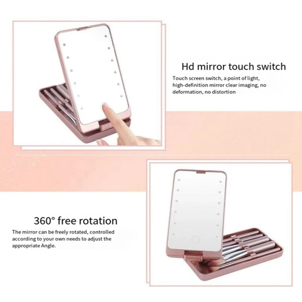 Trade Shop - Specchio Per Trucco Portatile Con Set Pennelli Rotazione 360° Luci Led Ricaricabile Touch -