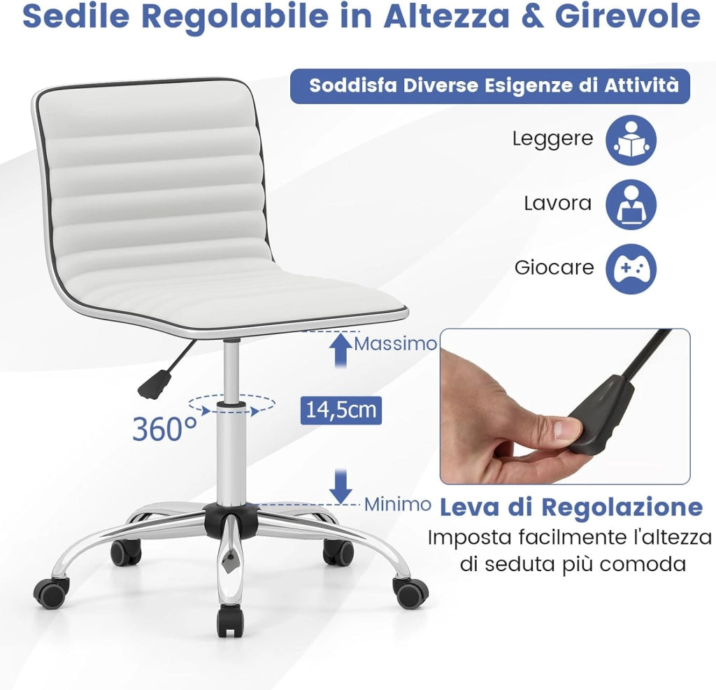 Sedia da Lavoro, Sedia da Ufficio Altezza Regolabile con Sedile Girevole e Ruote Universali, per Scrivania Imbottita, per Conferenze Senza Braccioli, Portata 150 kg