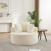 Poltrona lounge rotonda con braccioli larghi e 3 cuscini in velluto a coste, schiuma e molle, beige