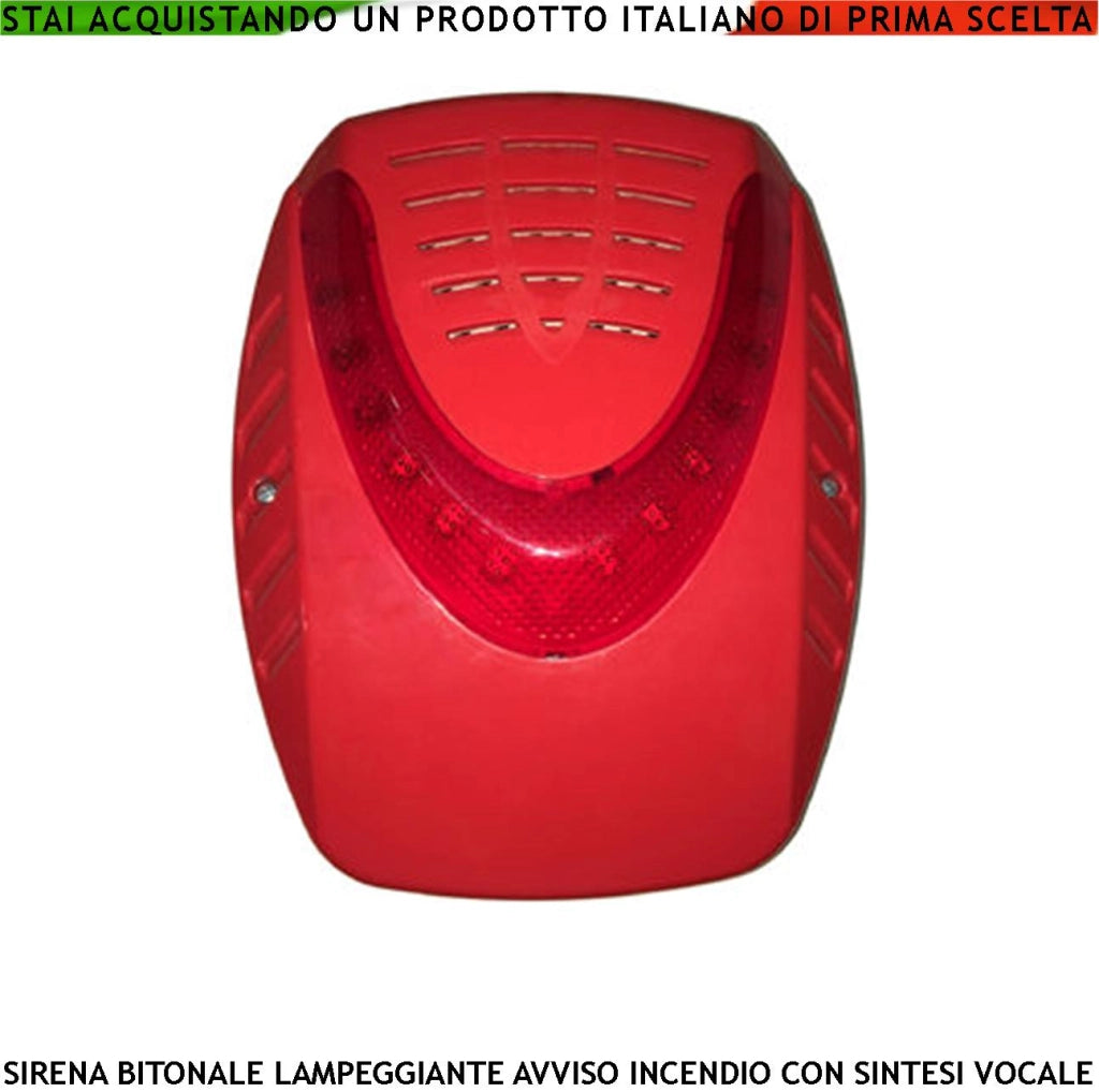 SIRENA ELETTRONICA LAMPEGGIANTE LED ROSSA ESTERNA SEGNALA ALLARME INCENDIO ALIMENTATA 24 VCC SOTTOCOPERCHIO ANTISCHIUMA