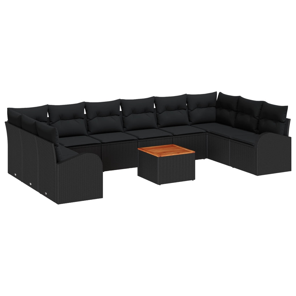 Set Divano da Giardino di 11 Pezzi con Cuscini Nero Polirattan Acacia